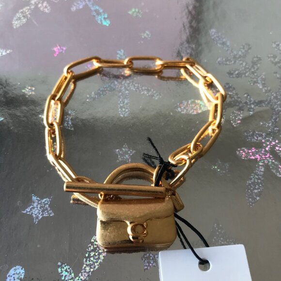 COACH MINI TABBY HANDBAG CHARM Matte Gold Tone Brass  Chain Bracelet  NWT - Picture 4 of 9